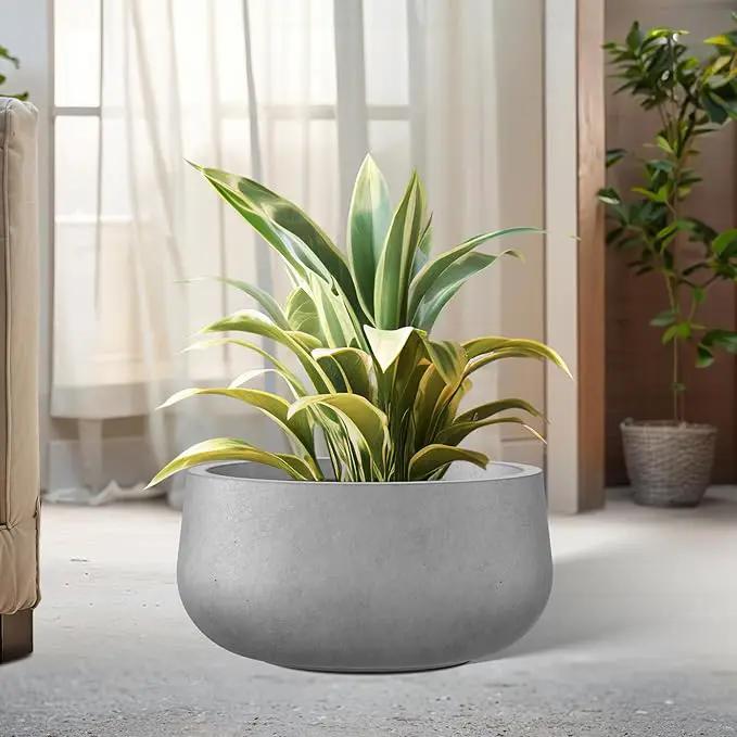 Kante 11.8" Dia Round Concrete Planter, Cement Plant Pots with Drainage Hole and Rubber Plug for Outdoor Indoor Garden Home, Modern Curvaceous Design, Natural Concrete by GreenHaven Gardens