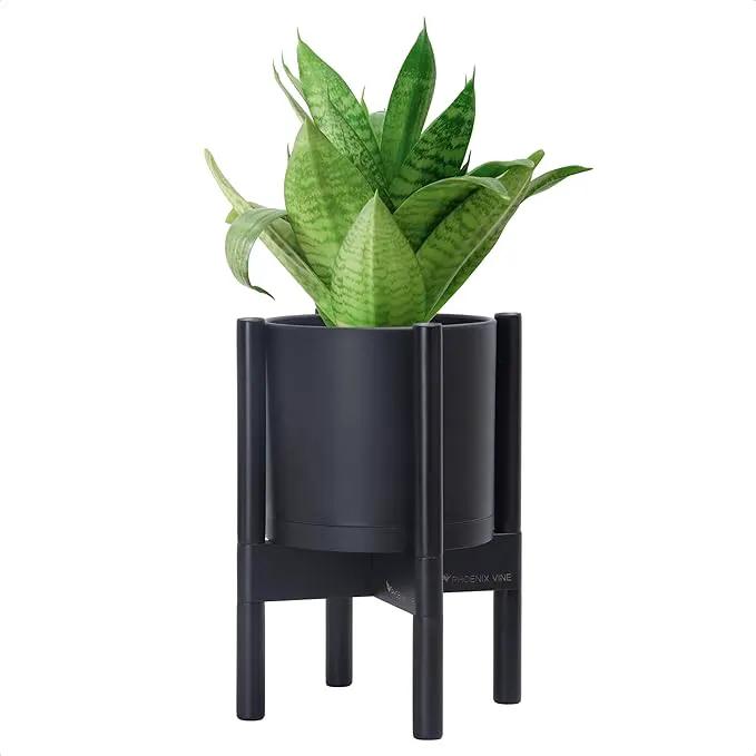 D'vine Dev Planter Pot with Stand - 8 Inch Plastic Cylinder Flower Pot with Wood Planter Holder for Indoor, Matte Black Pot + Ebony Stand, 55-C-K-2 by GreenHaven Gardens