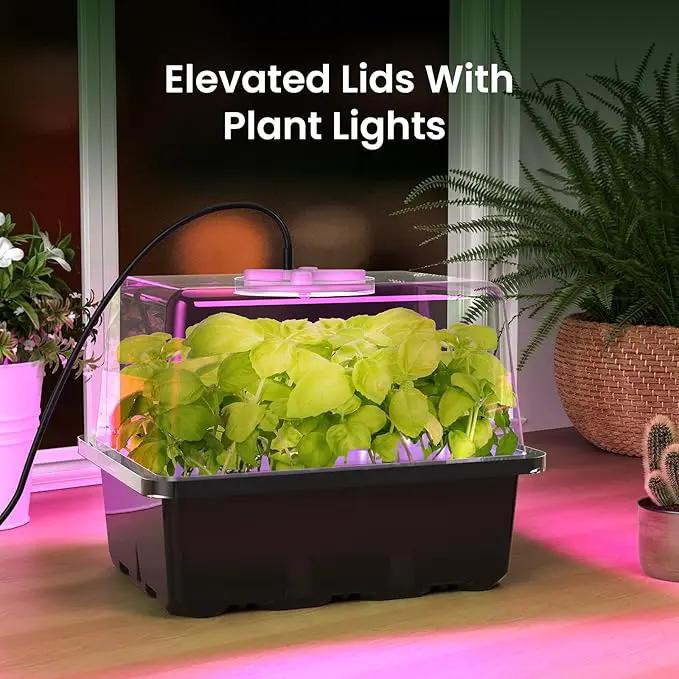 MIXC 6-Pack Seed Starter Tray Kit with Plant Light Seedling Trays with Adjustable Humidity Domes & Clear Cell Trays 12 Full Spectrum LED Beads for Indoor Plant Growth(Black) by GreenHaven Gardens