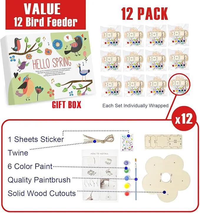 12 Pack Bird Feeder Craft Kits for Kids Ages 3-5 4-8 8-12, DIY Wooden Art Painting Outdoor Bulk Toys for Boys & Girls, Easter Christmas Gifts, Party Favor Gifts for Nature Loving Children by GreenHaven Gardens