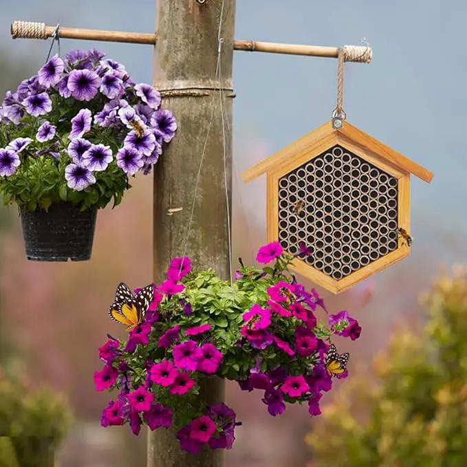 Mason Bee House Wax Coated Bee Hotel, Pollinator House Waterproof, Natural Handmade Wooden Mason Bee Hotel for Pollinating Bees Garden Supplies by GreenHaven Gardens