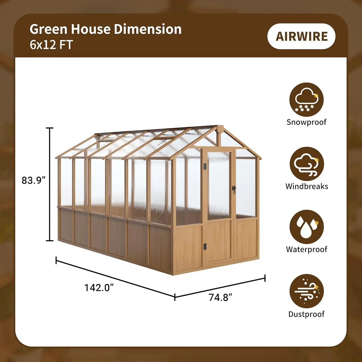 6x12 FT Wooden Greenhouse for Outdoors, Walk-in Greenhouse with 6MM Thick Polycarbonate Panel and Adjustable Roof Vents, Garden Backyard, Wood Colour by GreenHaven Gardens
