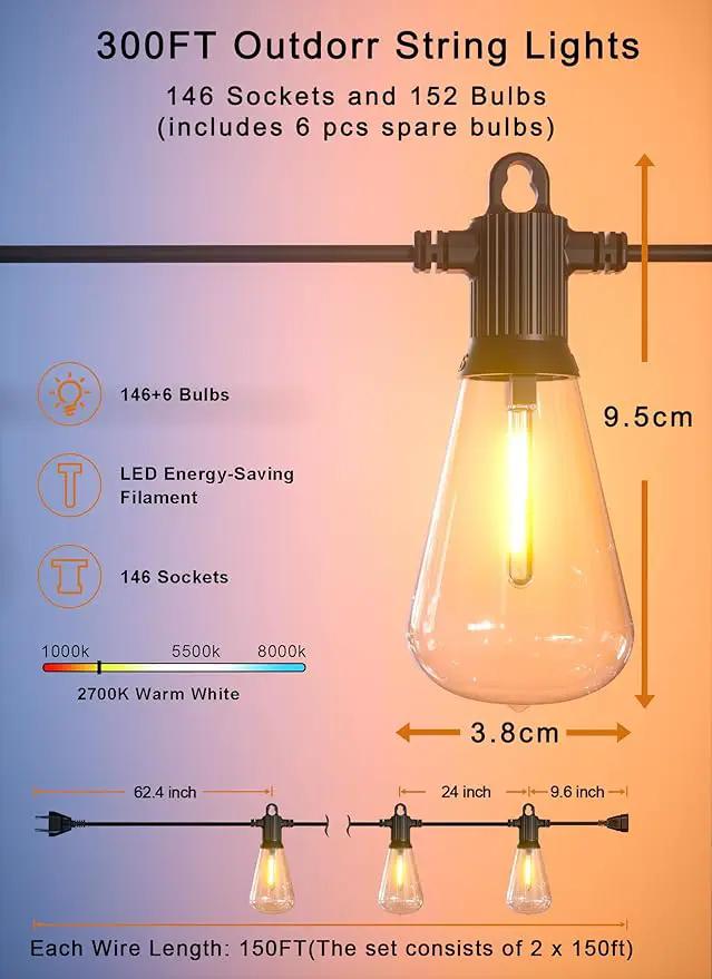 Outdoor String Lights Waterproof, 300FT Patio Lights with 146 Shatterproof ST38 Globe Bulbs(6 Spare), Connectable Dimmable LED Hanging String Lights for Outside Backyard Porch Balcony(150FT x 2) by GreenHaven Gardens