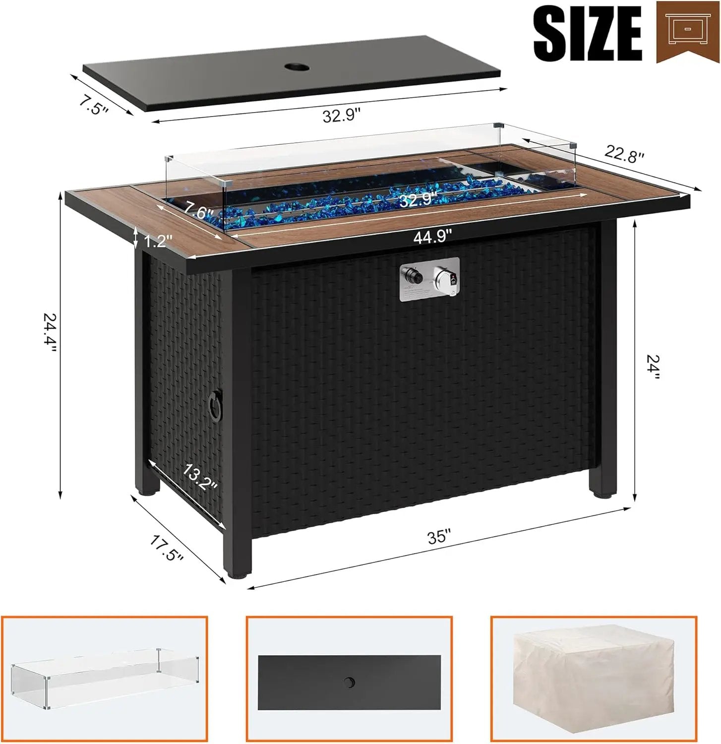 45 inch Outdoor Propane Fire Pit 50,000 BTU Gas Fire Pit Table with Walnut Tabletop, Glass Wind Guard, Waterproof Cover, Rectangle Gas Firepit Table for Garden/Patio,CSA Certification by GreenHaven Gardens