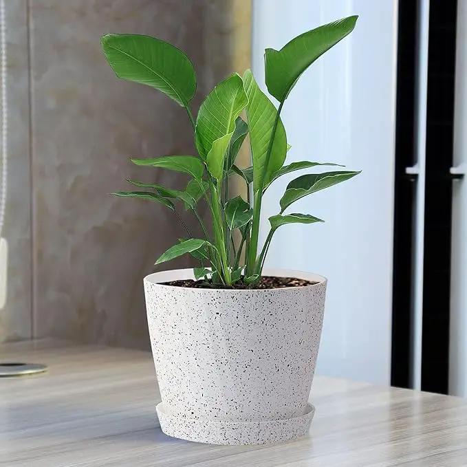 7 Inch Plant Pots Bulk, 6 Pack Plastic Planters with Drainage Holes and Saucers for Indoor Outdoor House Plants and Flowers, White Speckles by GreenHaven Gardens