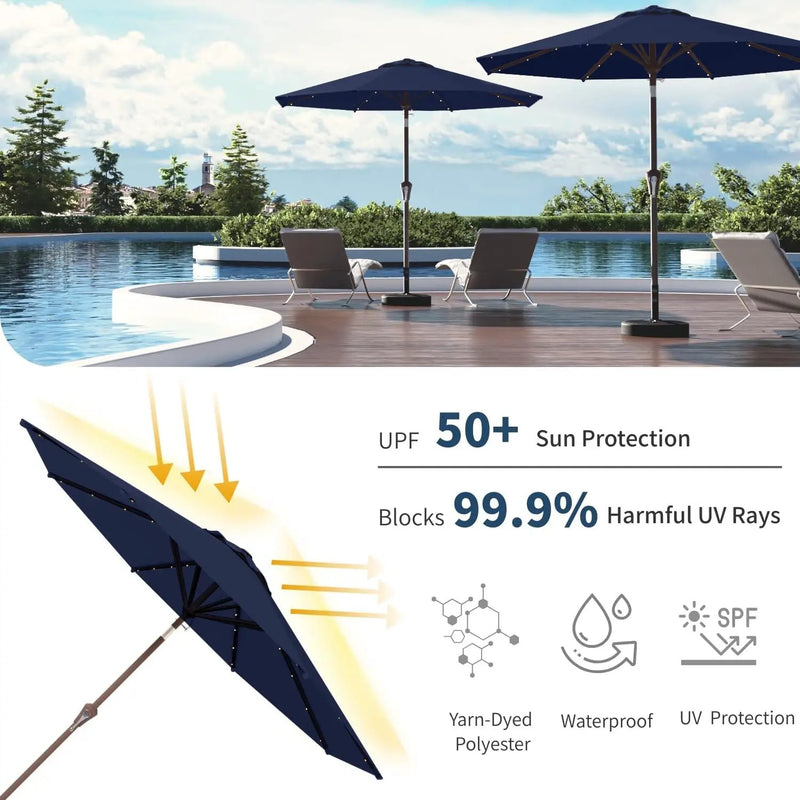 9FT Solar Umbrella 32 LED Lighted Patio Umbrella Table Market Umbrella w/Tilt and Crank, UV-Resistant Outdoor Umbrella for Pool, Garden, Deck, Navy Blue by GreenHaven Gardens