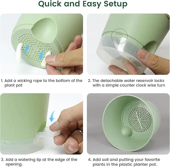 4 inch Self Watering Pots for Indoor Plants, 5 Pack Small Flower Plant Pots with Drainage Holes and Clear Reservoirs, Visible Water Level, Plastic Planters with Wicking Rope, Green by GreenHaven Gardens