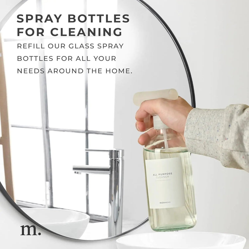 MaisoNovo Glass Spray Bottles for Cleaning - 16.9 fl oz Clear x 2 with 16 Labels by GreenHaven Gardens