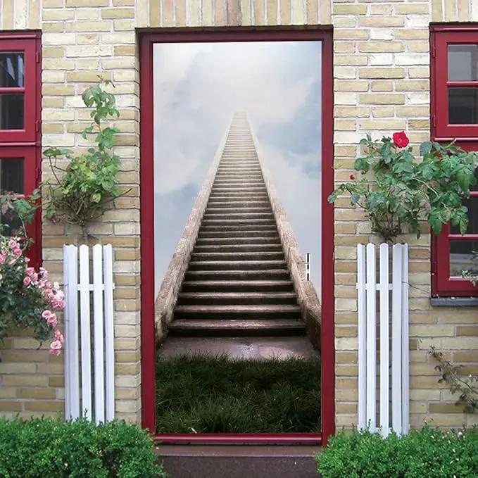 3D Door Stickers Murals - Stairs - Peel and Stick - Waterproof & Washable - Matt Finish - Modern Style - White - 31.5" x 78.7" (2 PARTS) by GreenHaven Gardens