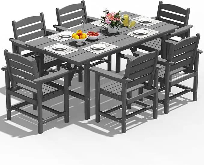 Patio Dining Set for 6 with Umbrella Hole - 66" Outdoor Table & 6 Chairs, All-Weather HDPE Outdoor Furniture for Lawn, Garden, Backyard, Poolside, Gray by GreenHaven Gardens