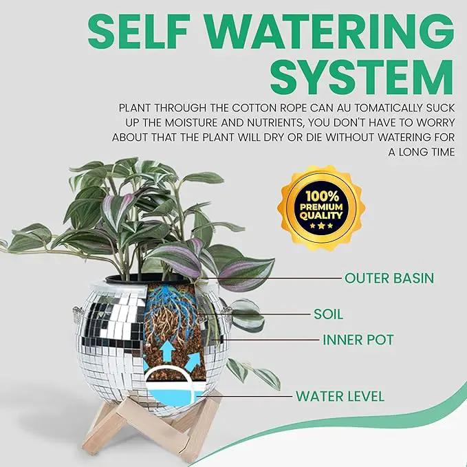6" Disco Ball Planter – Rotating Mirror Planter with Macrame Hanger & Wooden Stand for Indoor and Outdoor Plants by GreenHaven Gardens