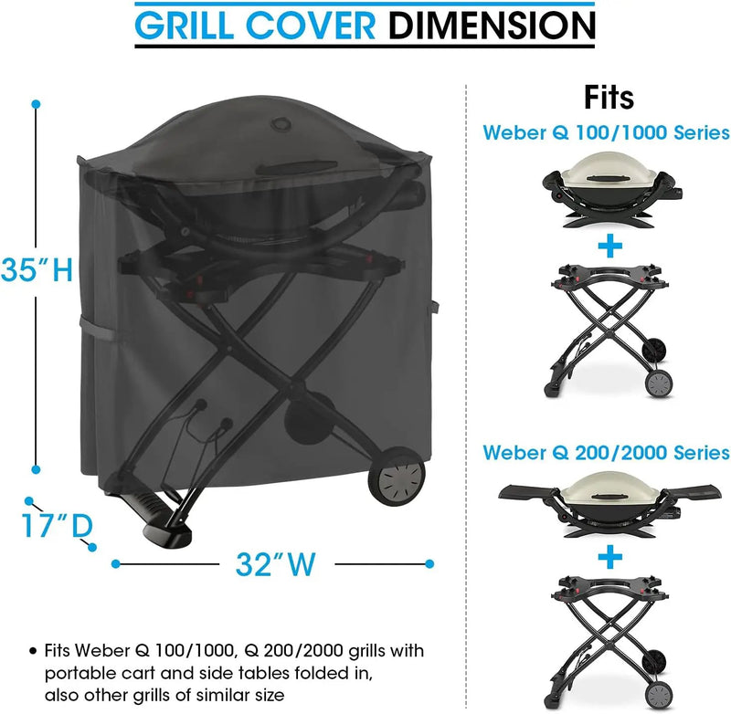 Unicook Grill Cover for Weber Q 100/1000 Q 200/2000 Grills with Q Portable Cart, Compared to Weber 7113, Heavy Duty Waterproof Full Length BBQ Cover, Outdoor Fade Resistant Material, Black by GreenHaven Gardens