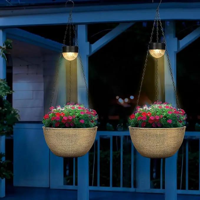 2 Packs Hanging Planters Basket for Outdoor Plants, Solar Powered Self Watering Copper Round Plastic Flower Pots with Drainer for Balcony Patio Garden Outdoor Decoration by GreenHaven Gardens