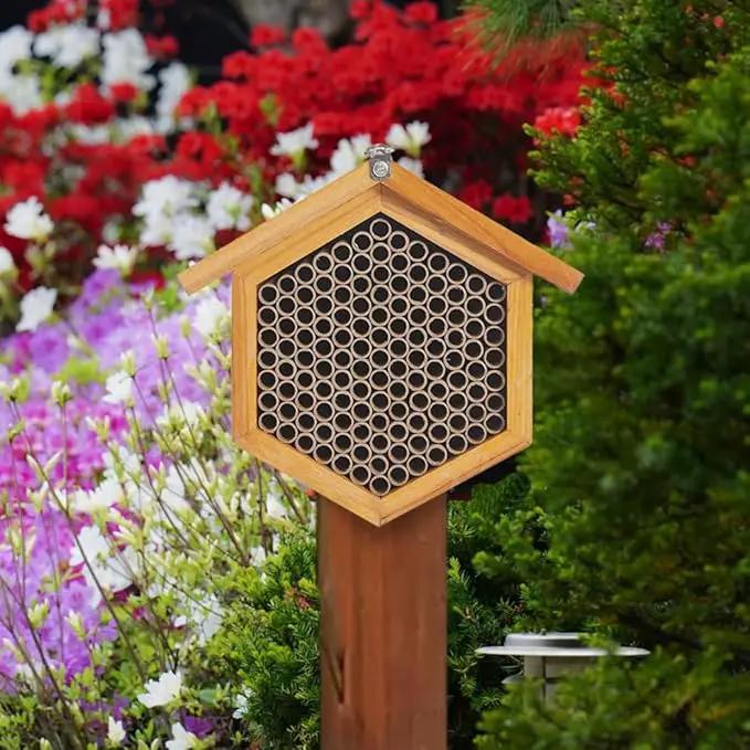 Mason Bee House Wax Coated Bee Hotel, Pollinator House Waterproof, Natural Handmade Wooden Mason Bee Hotel for Pollinating Bees Garden Supplies by GreenHaven Gardens