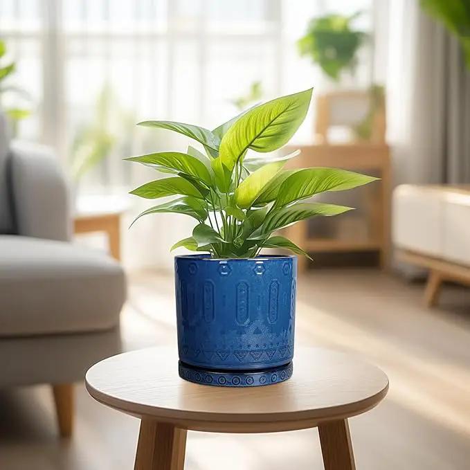 6 Inch Plant Pot - Ceramic Planter for Outdoor Plants Indoor Plant Pot with Drainage Holes and Saucer Succulent Pot Modern Round Flower Pot for House Room Decor Blue by GreenHaven Gardens