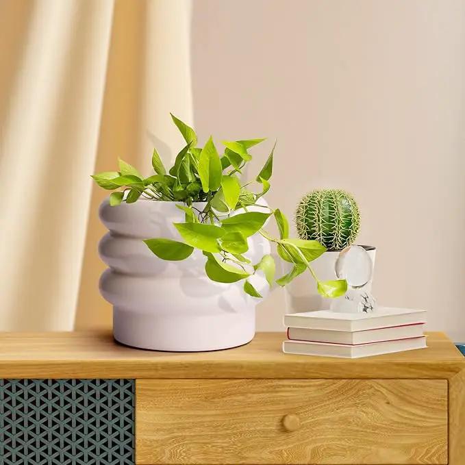 Tiered Bubble Ceramic Plant Pot, Creamy White 6 Inch Ceramic Planter with Drainage Holes, Ceramic Flower Pot with Mesh Pad, Rubber Plugs, Ceramic Pots for Indoor Plants Outdoor, Modern Décor by GreenHaven Gardens