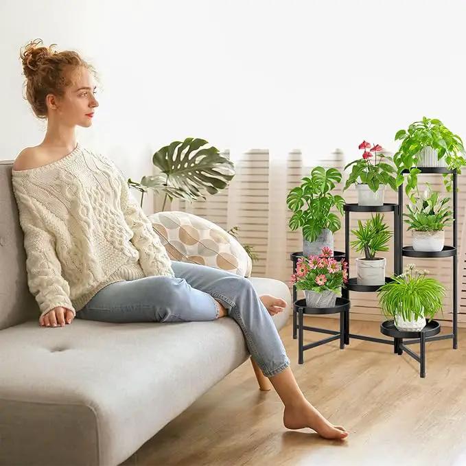 iDavosic.ly 7 Tier Large Plant Stand Indoor with 10 Inch Wide Tray, Tiered Corner Metal Outdoor Flower Display Holder Shelf, Folding Tall Rack for Patio Porch Living Room, Modern Black by GreenHaven Gardens