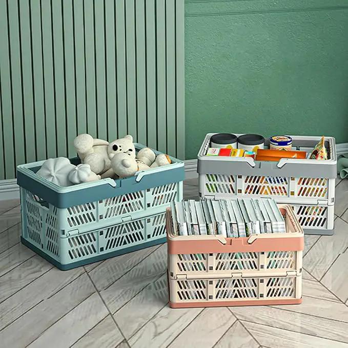 Foldable Handle Storage Crate Bin - 20L Collapsible Plastic Crate Stacking Storage Basket - Pink & Rose M by GreenHaven Gardens
