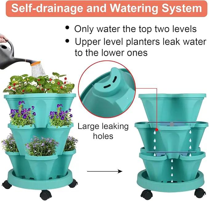 Vertical Planter 3 Tier Stackable Planters Garden Planters Strawberry Herb Flower and Vegetable Planter Indoor Outdoor Gardening Pots with Removable Wheels and Tools by GreenHaven Gardens