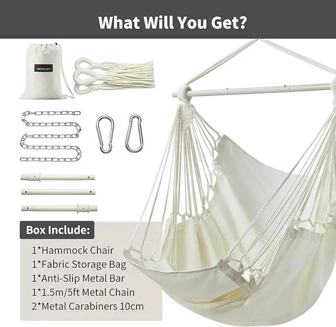 Hanging Hammock Chair Swing MAX 500 lbs Outdoor Hanging Chair with Footrest Indoor Swing Chair with Portable Steel Spreader Bar and Hardware Kit for Bedroom Living Room Patio Porch - White by GreenHaven Gardens