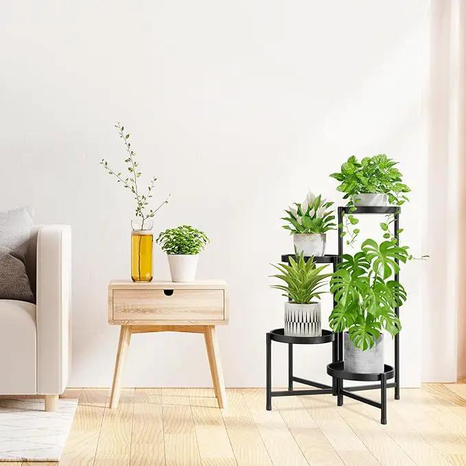 iDavosic.ly 4 Tier Large Plant Stand Indoor with 10 Inch Wide Tray, Tiered Corner Metal Outdoor Flower Display Holder Shelf, Folding Tall Rack for Patio Porch Living Room, Modern Black by GreenHaven Gardens