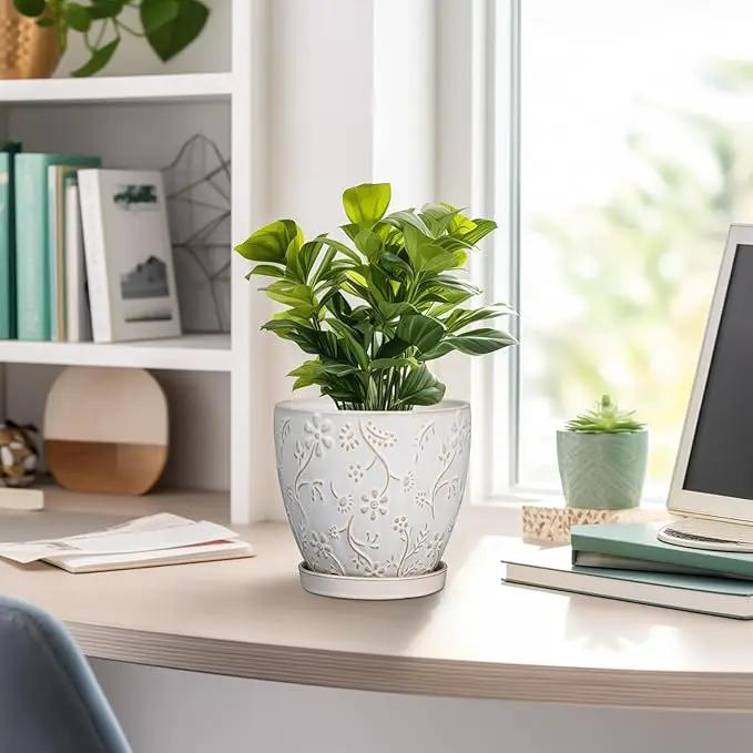 6 Inch Ceramic Plant Pot for Indoor Plants Outdoor Round Planter Flower Pot with Drainage Hole and Saucer for Home Garden Office Decor White by GreenHaven Gardens