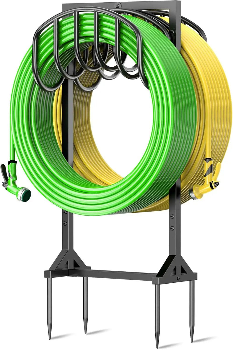 Garden Water Hose Holder Holds 2 * 150Ft Hoses, Heavy-Duty Metal Freestanding Hose Holder with 4 Spikes, Rustproof Garden Hose Reels Hose Hanger Storage for Outside, Yard, Lawn, Farm, Black by GreenHaven Gardens