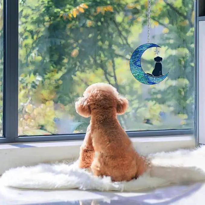 Dog Decor Stained Glass Moon Suncatchers Window Hanging, Wall Art Element Earth Tones Modern Design Home Garden Suncatcher, Dog Lovers for Halloween Decor (Moon Dog) by GreenHaven Gardens