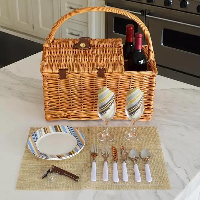 Picnic at Ascot Vineyard Willow Picnic Basket with service for 2 - Santa Cruz by GreenHaven Gardens