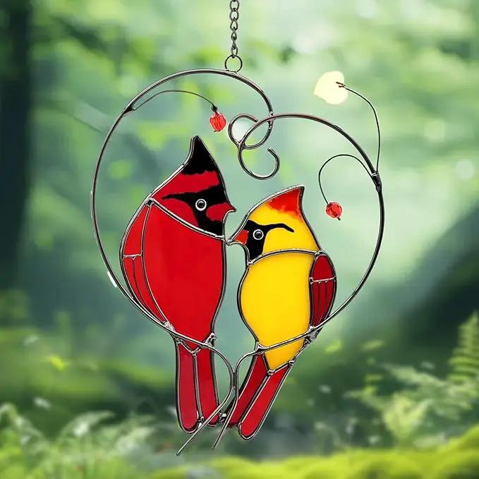 Cardinal Suncatchers Stained Glass for Windows Hangings,Male & Female Cardinal Stained Glass Sun Catchers,Stained Glass Red Love Birds Home Ornament,Gifts for Women by GreenHaven Gardens