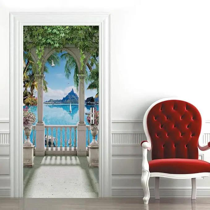 3D Door Stickers Murals - Landscape - Peel and Stick - Waterproof & Washable - Matt Finish - Modern Style - White - 37.4" x 82.7" - 2 Pieces by GreenHaven Gardens