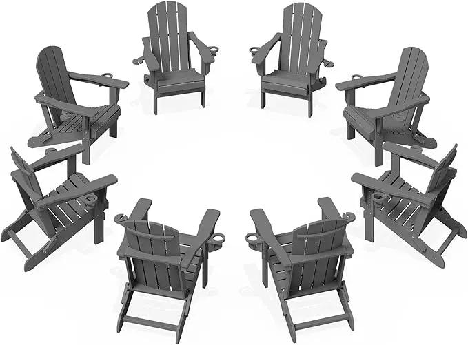 KINGYES Folding Adirondack Chair Set of 8, Dual Cup Holders & All-Weather HDPE, Wood-Like Patio Chair for Backyard, Camping, Pool & Fire Pit, Grey by GreenHaven Gardens