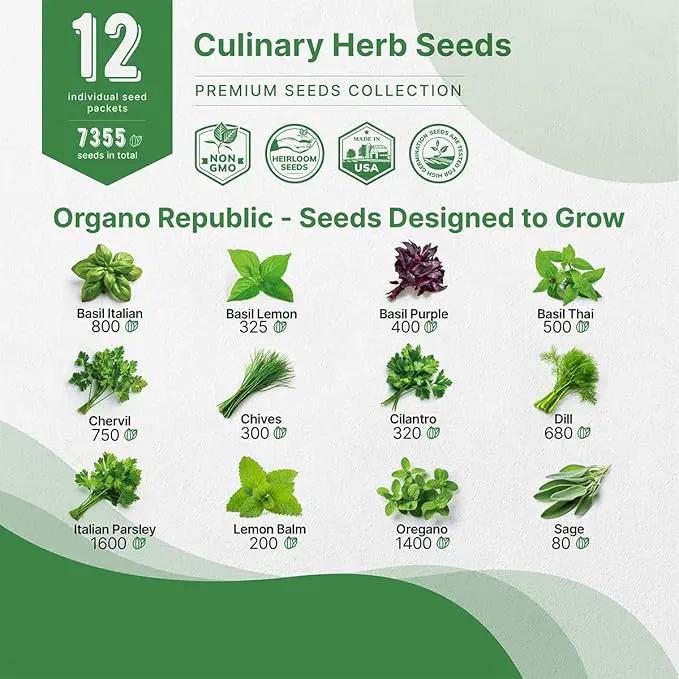 Organo Republic 12 Culinary Herbs Seeds Variety Pack - 7,355+ Heirloom, Non-GMO, Herbs Seeds for Outdoor and Indoor Home Gardening, Including Basil, Cilantro, Chives, Dill, Parsley, Sage by GreenHaven Gardens