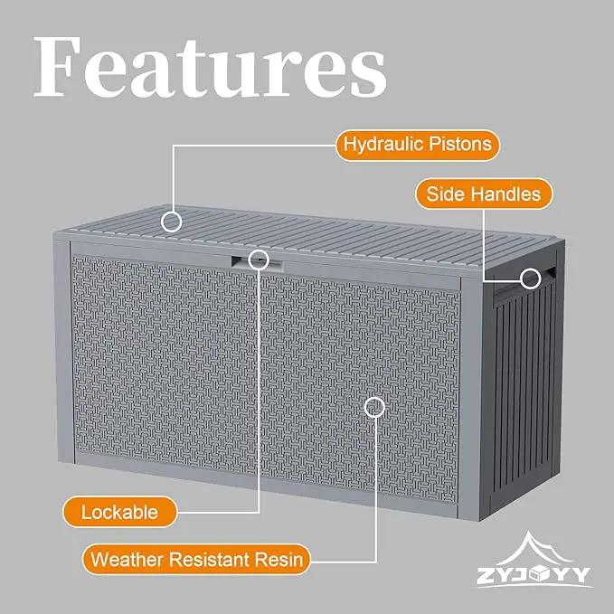Outdoor Storage Box, 90 Gallon Deck Box, Waterproof Resin Storage Bin for Patio Cushions, Gardening Tools, Lockable, UV Resistant, Grey by GreenHaven Gardens