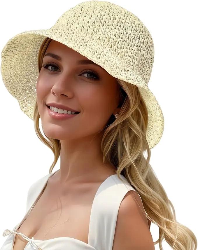 Womens Straw Beach Sun Hats, Foldable Packable Floppy Handmade Crochet Hats for Women,Large Summer Vacation Wide Brim Hat by GreenHaven Gardens