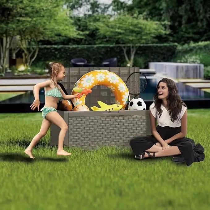 Multi-Functional 100 Gallon Patio Storage Bench - Waterproof Outdoor Deck Box & Storage Cabinet, Lockable Resin Chest for Pool/Garden Accessories, UV-Resistant, Weathered Grey by GreenHaven Gardens