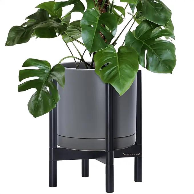 D'vine Dev Ceramic Planter with Ebony Stand - 12 Inch Modern Round Flower Pot with Wood Planter Holder, Grey, 55-B-H-3