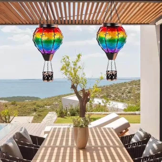DREAMSOUL Rainbow Hot Air Balloon Solar Lantern, Metal & Glass With Flickering Flame, Hanging Waterproof Outdoor Lantern for Lawn, Patio, Tree Decor, Christmas Gifts by GreenHaven Gardens