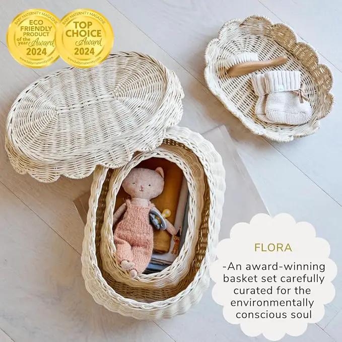 BEBE BASK The Original Scalloped Basket Set Of 2 – Small Scallop Basket - 15 x 10 x 6 In - Hand-Woven & Award-Winning - Elegant Wicker With Scalloped Edge Lid - Nursery Storage - (Natural) by GreenHaven Gardens