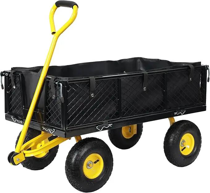 SUNNYFEEL 900 Lbs Capacity Heavy Duty Mesh Steel Garden Cart,Folding Utility Cart with Removable Side Nets, Non-Slip Rubber Base, Black & Yellow,Upgraded Version
