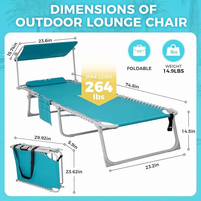 #WEJOY Folding Tanning Chair with Canopy Shade, Portable Adjustable 5-Position Patio Chaise Lounge with Pillow & Storage Pocket for Lay Flat Outdoor Lawn Backyard Beach Camping Pool (Cyan) by GreenHaven Gardens