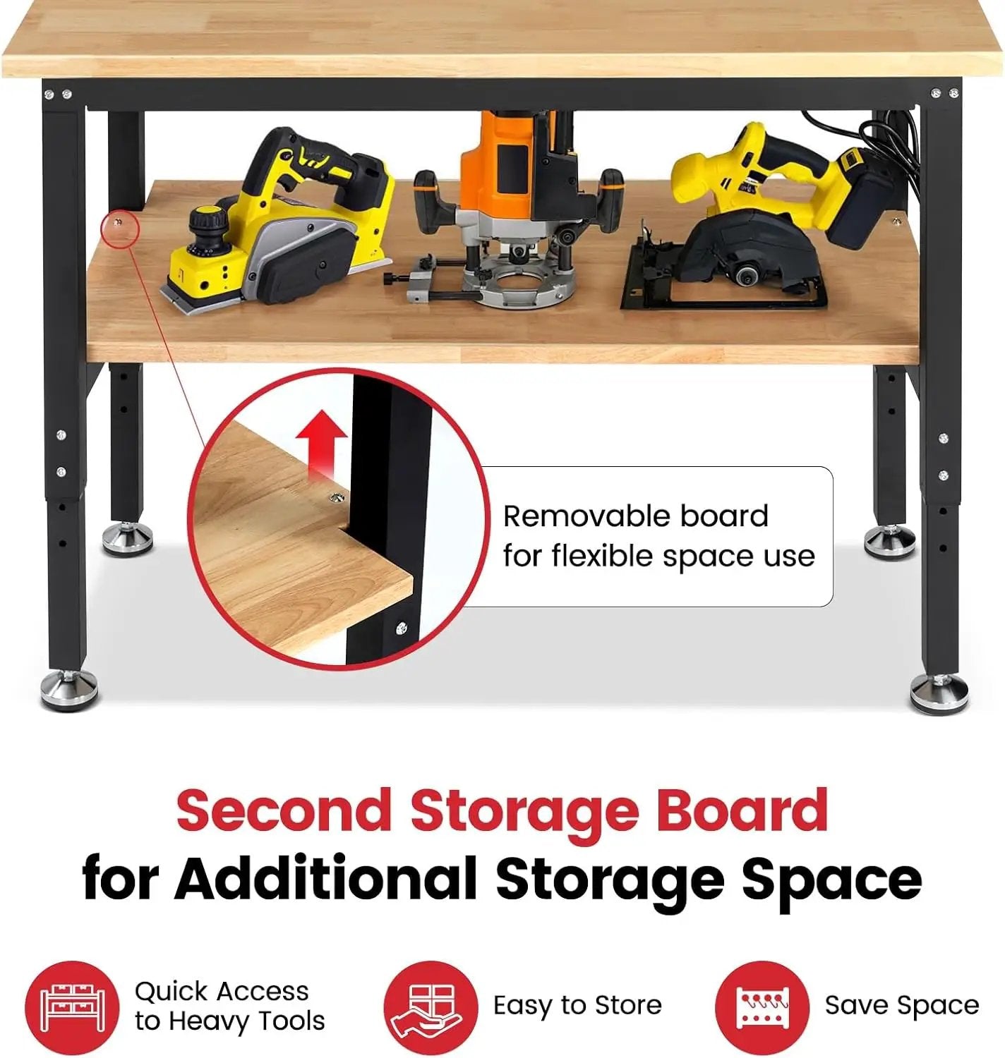 Workbench with Double Layers 48 x 20 Inch Heavy Duty Rubberwood Tabletop Work Table for Garage Adjustable Height Work Bench with Power Outlets Pegboard Pad for Woodworking Shop, Home, Office by GreenHaven Gardens