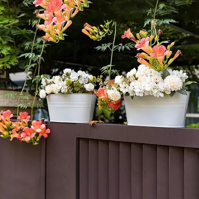 5 Pack Metal Hanging Flower Pots for Railing Fence，Outdoor Balcony Rail Planter with Garden Tools Detachable Hooks Drainage Holes for Deck Garden Home Decor White by GreenHaven Gardens