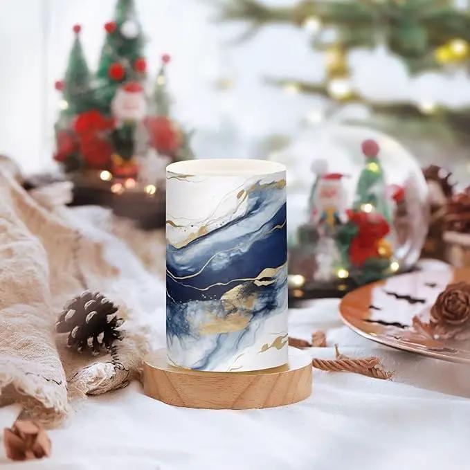 Flickering Flameless Candles, Drak Blue Golden Marble LED Candles with Remote Timer, Set of 2 Battery Operated Candle for Valentine Wedding Birthday by GreenHaven Gardens