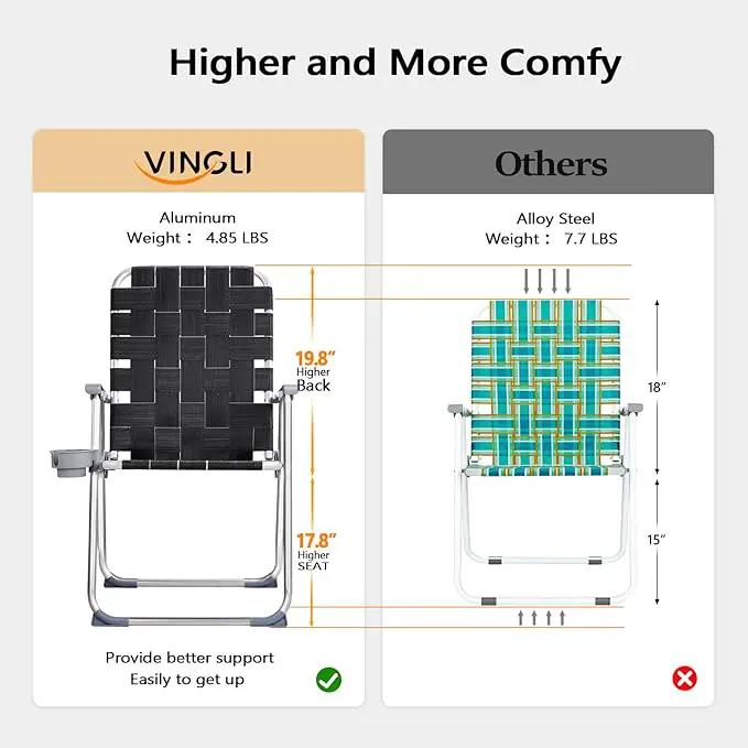 VINGLI Aluminum Patio Lawn Chairs Folding Set of 2 with Detachable Cup Holder, Webbed Beach Chair Folding Chair Outdoor Portable Camping Chair for Yard, Garden by GreenHaven Gardens