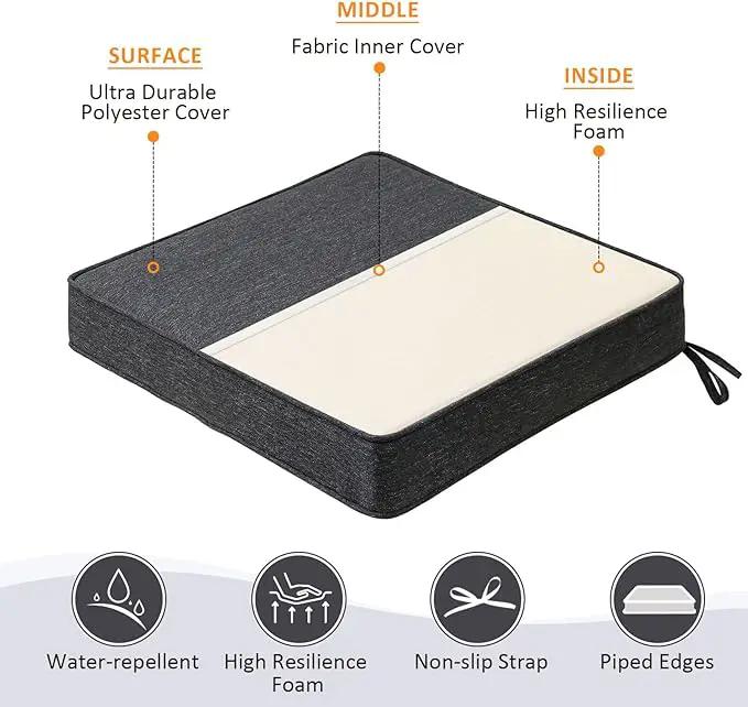 Square Corner Seat Cushions, 19" x 19" x 3", Set of 4, Indoor Outdoor Water Repellent Universal Chair Pads with Ties for Patio Furniture, Garden Deck Dining Chairs, Charcoal by GreenHaven Gardens