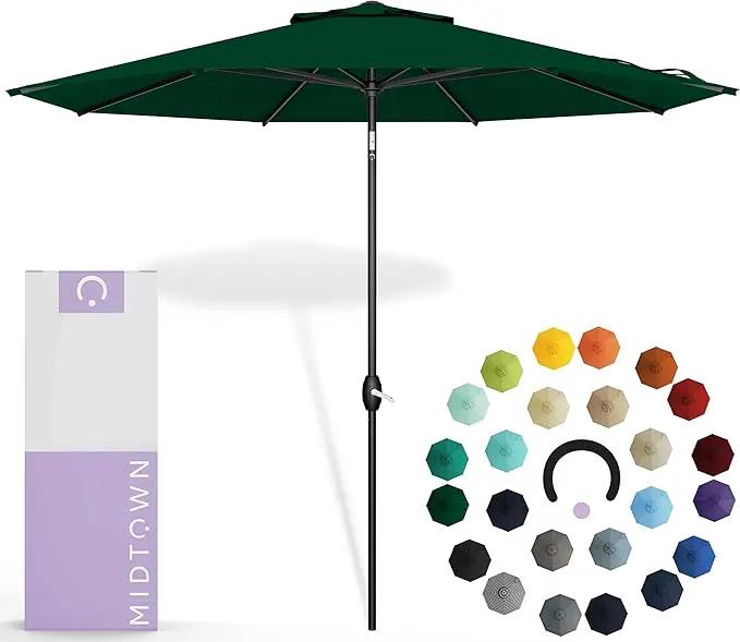 Midtown Umbrellas Sunbrella Umbrella 8 Feet Outdoor Umbrella With Sunbrella Forest Green Acrylic Fabric - Auto-Tilt Aluminum Frame Patio Umbrella For Backyard, Deck, Garden, Pool - Black Pole by GreenHaven Gardens