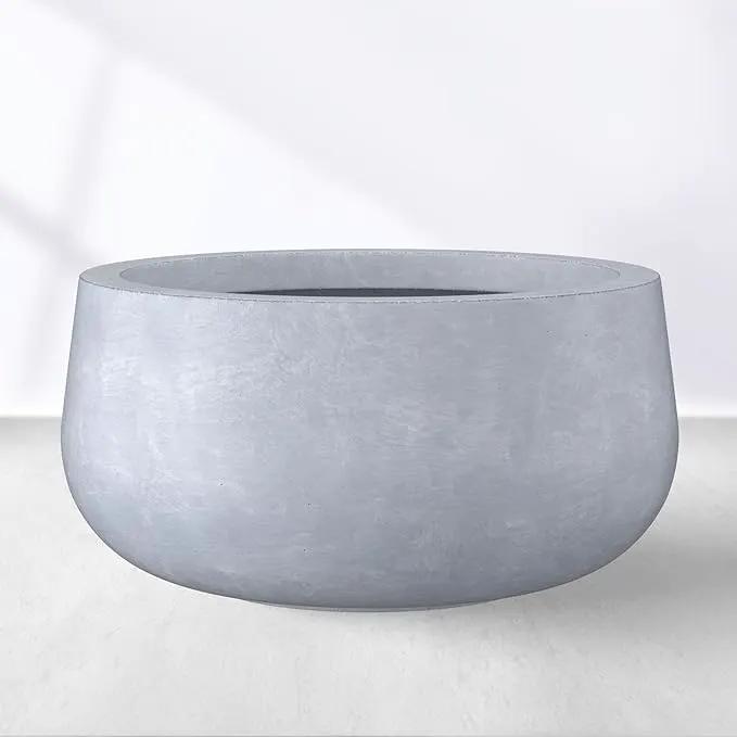 Kante 15.7" Dia Round Concrete Planter, Cement Plant Pots with Drainage Hole and Rubber Plug for Outdoor Indoor Garden Home, Modern Curvaceous Design, Gray by GreenHaven Gardens