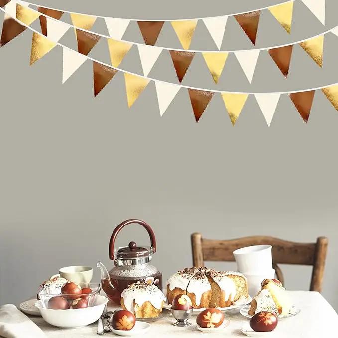 Brown Beige and Gold Party Decorations Fabric Triangle Pennant Banner Flag Bunting Garland for Boho Neutral Rustic Cowboy Western Teddy Bear Birthday Baby Shower Graduation Engagement Party Supplies by GreenHaven Gardens