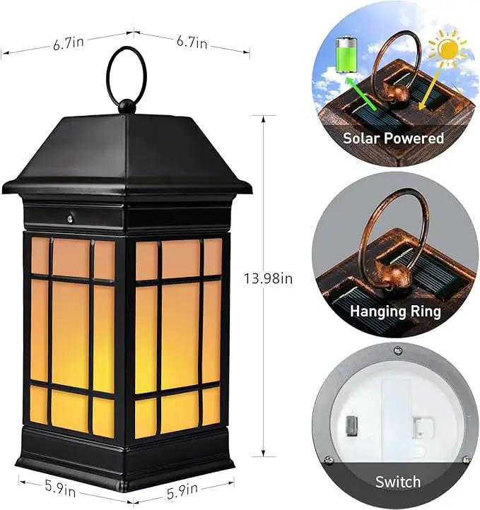 14" Solar Lantern Outdoor Waterproof, Glass Flickering Flame Solar Lanterns, Hanging Metal Lantern Decorative for Patio Front Porch Garden Backyard Tabletop Mothers Day Gifts Mom by GreenHaven Gardens
